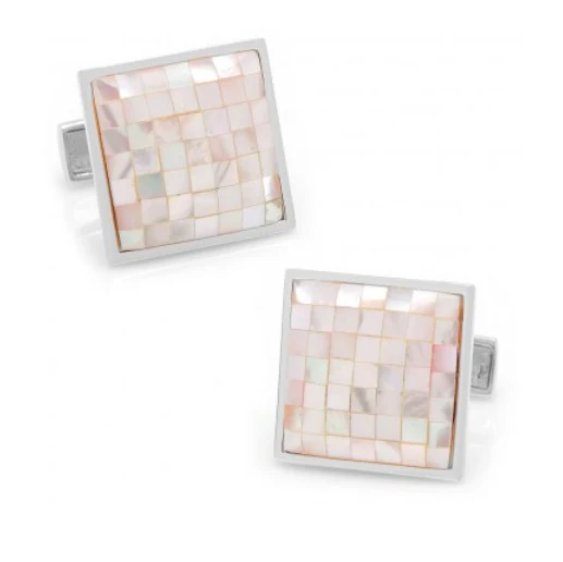 Men’s Cufflinks- Sterling Silver Mosaic Style with Pink Mother of Pearl Inlay - Image 3