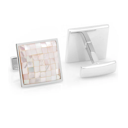 Men’s Cufflinks- Sterling Silver Mosaic Style with Pink Mother of Pearl Inlay - Image 4