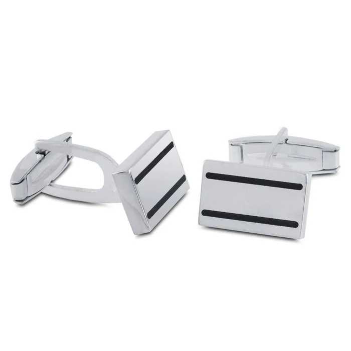 Men’s Cufflinks- Sterling Silver Rectangle with Black Resin Inlay Details - Image 2