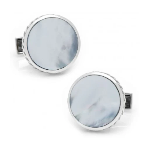 Men’s Cufflinks- Sterling Silver Round Scaled with Blue Mother of Pearl - Image 3