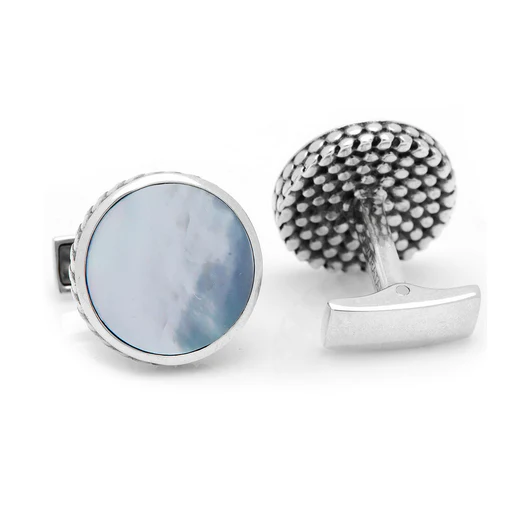 Men’s Cufflinks- Sterling Silver Round Scaled with Blue Mother of Pearl - Image 4