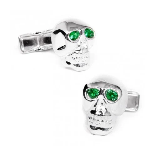 Men’s Cufflinks- Sterling Silver Skulls (set with emerald green crystals for eyes) - Image 3