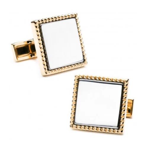 Men’s Cufflinks- Two Tone Silver and Yellow Gold Plated Squares with Rope Border - Image 3
