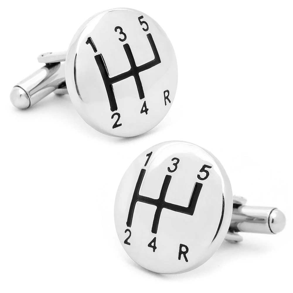 Men’s Cufflinks- White Gear Shifters with Black Enamel - Image 2