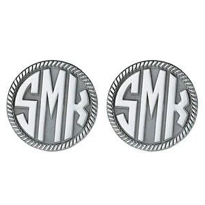 Men's Cufflinks- Customizable Monogram, Circle Style with Angular Carved Relief Letters and Milgrained Edges - Image 2