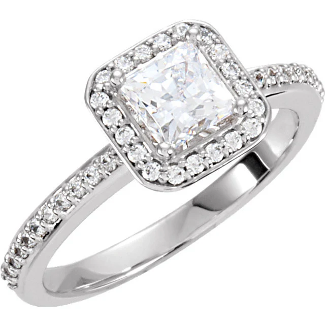Cubic Zirconia Engagement Ring- The Jamie (Princess Cut Halo-Style with Pave Band) - Image 3