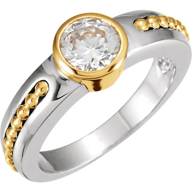 Cubic Zirconia Engagement Ring- The Stefanie Sky (Bezel-Style Solitaire with Beaded Channel) - Image 3