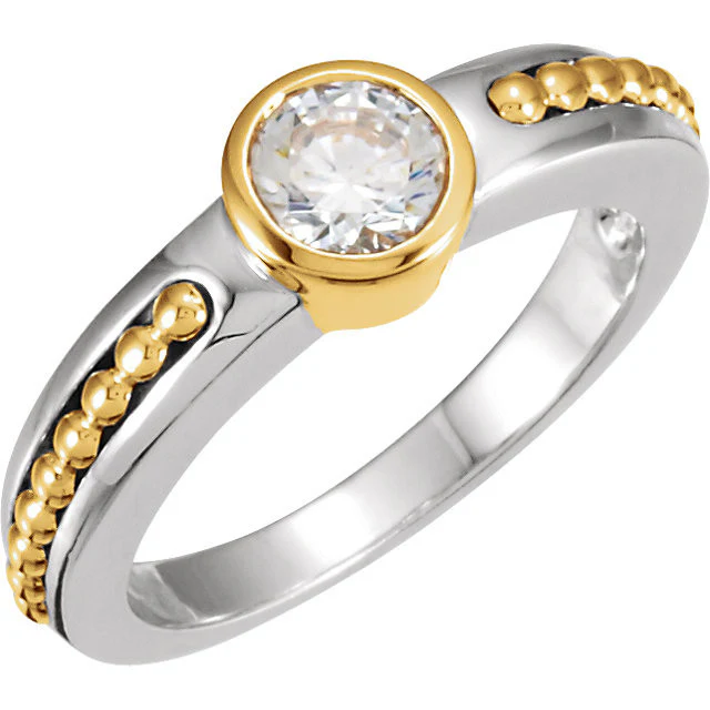 Cubic Zirconia Engagement Ring- The Stefanie Sky (Bezel-Style Solitaire with Beaded Channel) - Image 4
