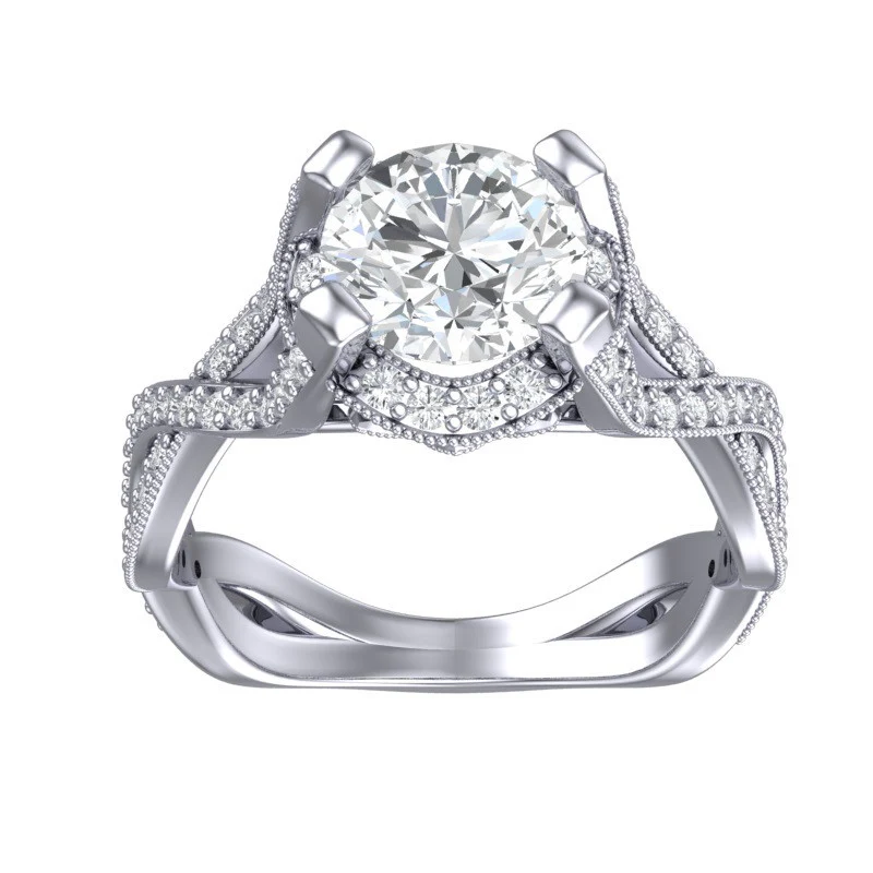 Cubic Zirconia Engagement Ring- The Jenna Riley (1.50 Carat Round Cut with Twisted Pavé Split Band, Under-halo, and Prong Accents) - Image 3