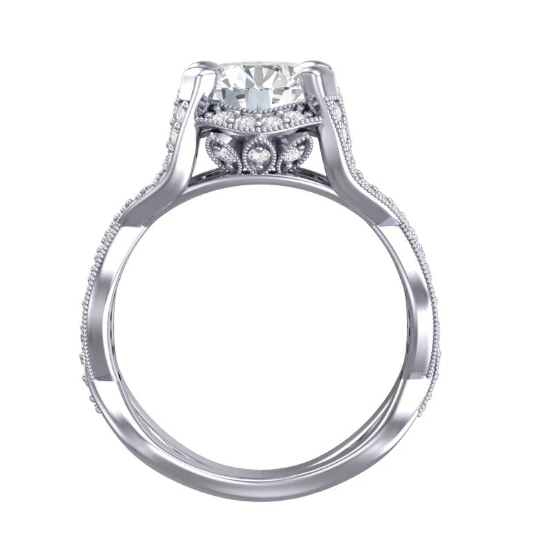 Cubic Zirconia Engagement Ring- The Jenna Riley (1.50 Carat Round Cut with Twisted Pavé Split Band, Under-halo, and Prong Accents) - Image 4