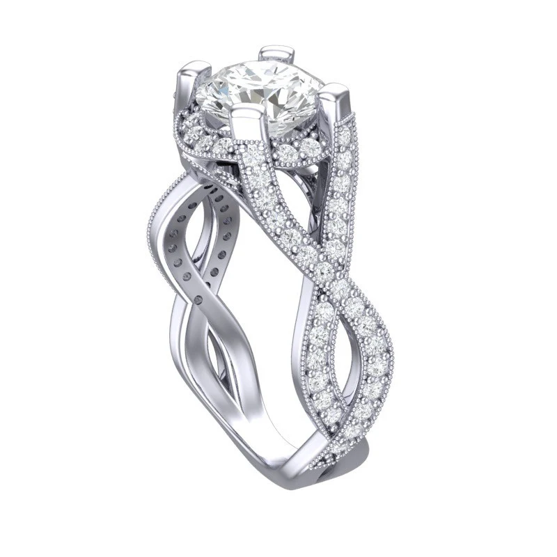 Cubic Zirconia Engagement Ring- The Jenna Riley (1.50 Carat Round Cut with Twisted Pavé Split Band, Under-halo, and Prong Accents) - Image 5