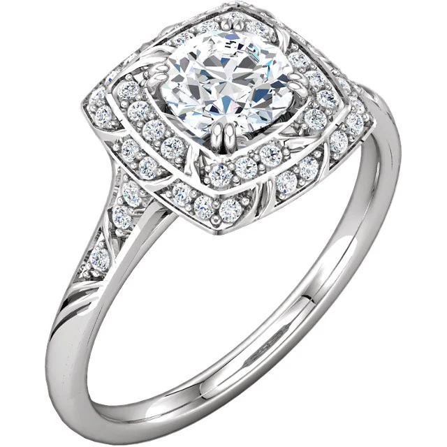 Cubic Zirconia Engagement Ring- The Linda (Round-Cut with Segmented Double-Halo and Etched Pave Band) - Image 3
