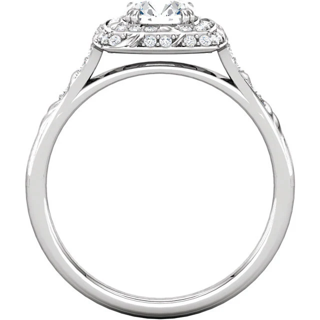 Cubic Zirconia Engagement Ring- The Linda (Round-Cut with Segmented Double-Halo and Etched Pave Band) - Image 4