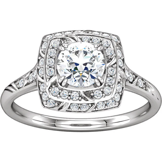 Cubic Zirconia Engagement Ring- The Linda (Round-Cut with Segmented Double-Halo and Etched Pave Band) - Image 5