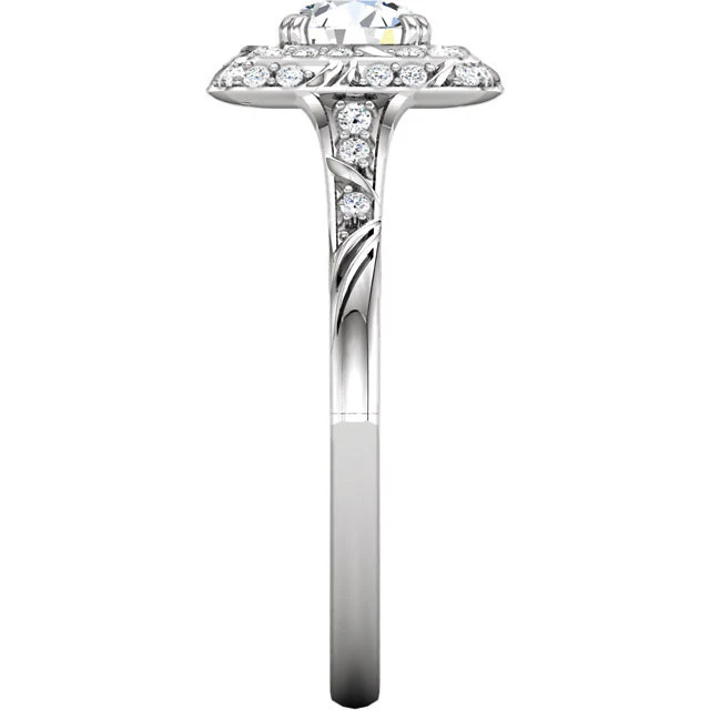 Cubic Zirconia Engagement Ring- The Linda (Round-Cut with Segmented Double-Halo and Etched Pave Band) - Image 6