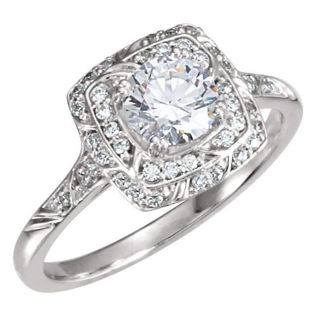 Cubic Zirconia Engagement Ring- The Linda (Round-Cut with Segmented Double-Halo and Etched Pave Band) - Image 7