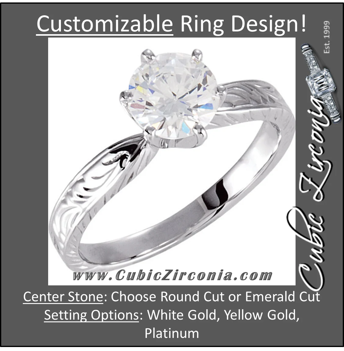 Cubic Zirconia Engagement Ring- The Hailey (0.25-1.0 CT Round-Cut Cut Solitaire with Hand-Engraved Band) - Image 2