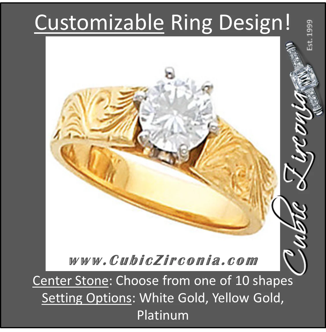 Cubic Zirconia Engagement Ring- The Adrienne (Customizable Solitaire with Hand-Engraved Band) - Image 3