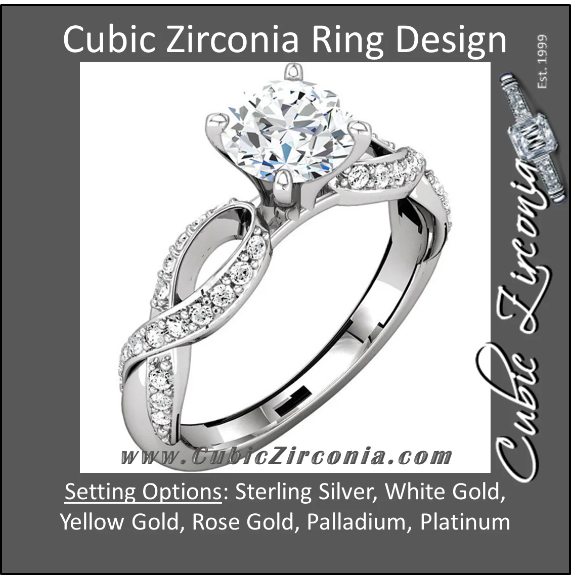 Cubic Zirconia Engagement Ring- The Aisha (Round with Ribboned Pave Band) - Image 2