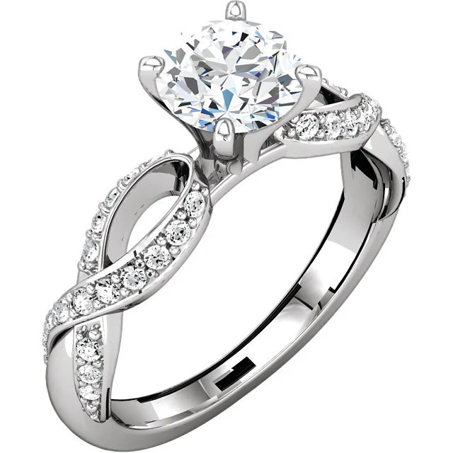 Cubic Zirconia Engagement Ring- The Aisha (Round with Ribboned Pave Band) - Image 3