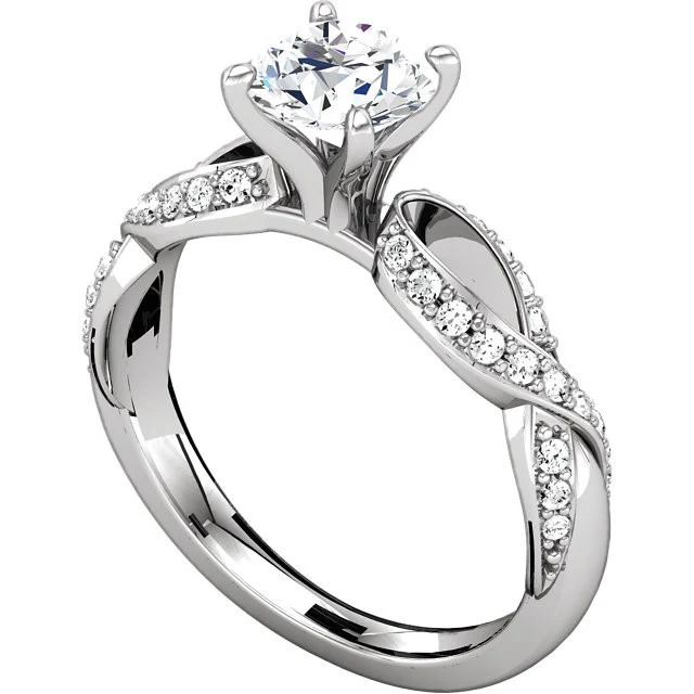 Cubic Zirconia Engagement Ring- The Aisha (Round with Ribboned Pave Band) - Image 7