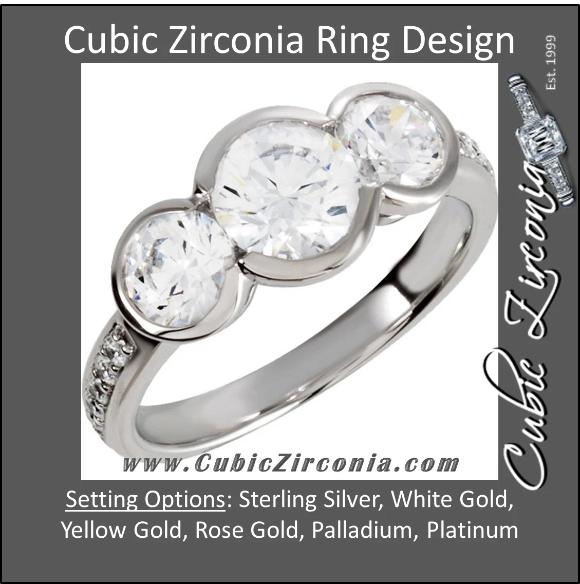 Cubic Zirconia Engagement Ring- The Alisha (3-Stone 2.24 TCW Round Bezel-Set with Pave Band) - Image 2