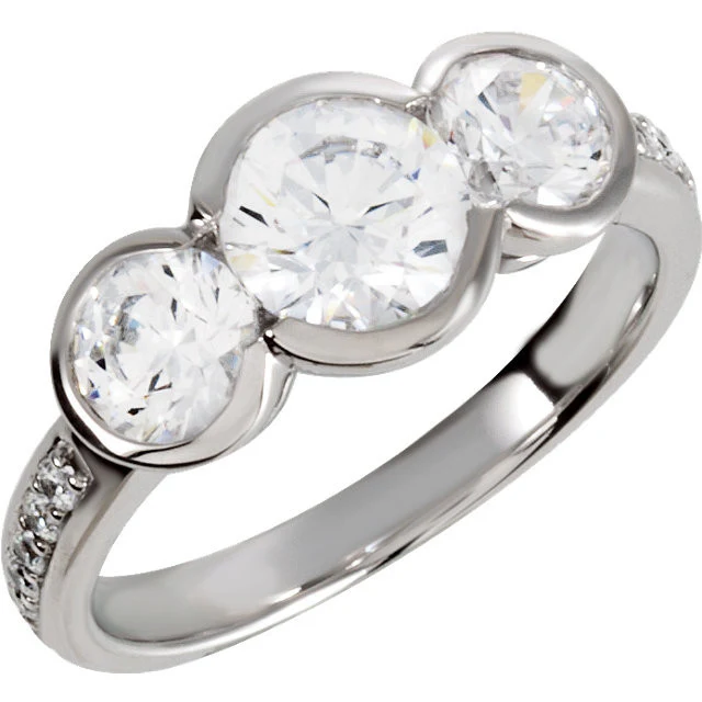 Cubic Zirconia Engagement Ring- The Alisha (3-Stone 2.24 TCW Round Bezel-Set with Pave Band) - Image 3