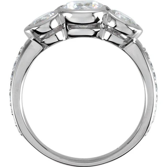 Cubic Zirconia Engagement Ring- The Alisha (3-Stone 2.24 TCW Round Bezel-Set with Pave Band) - Image 4