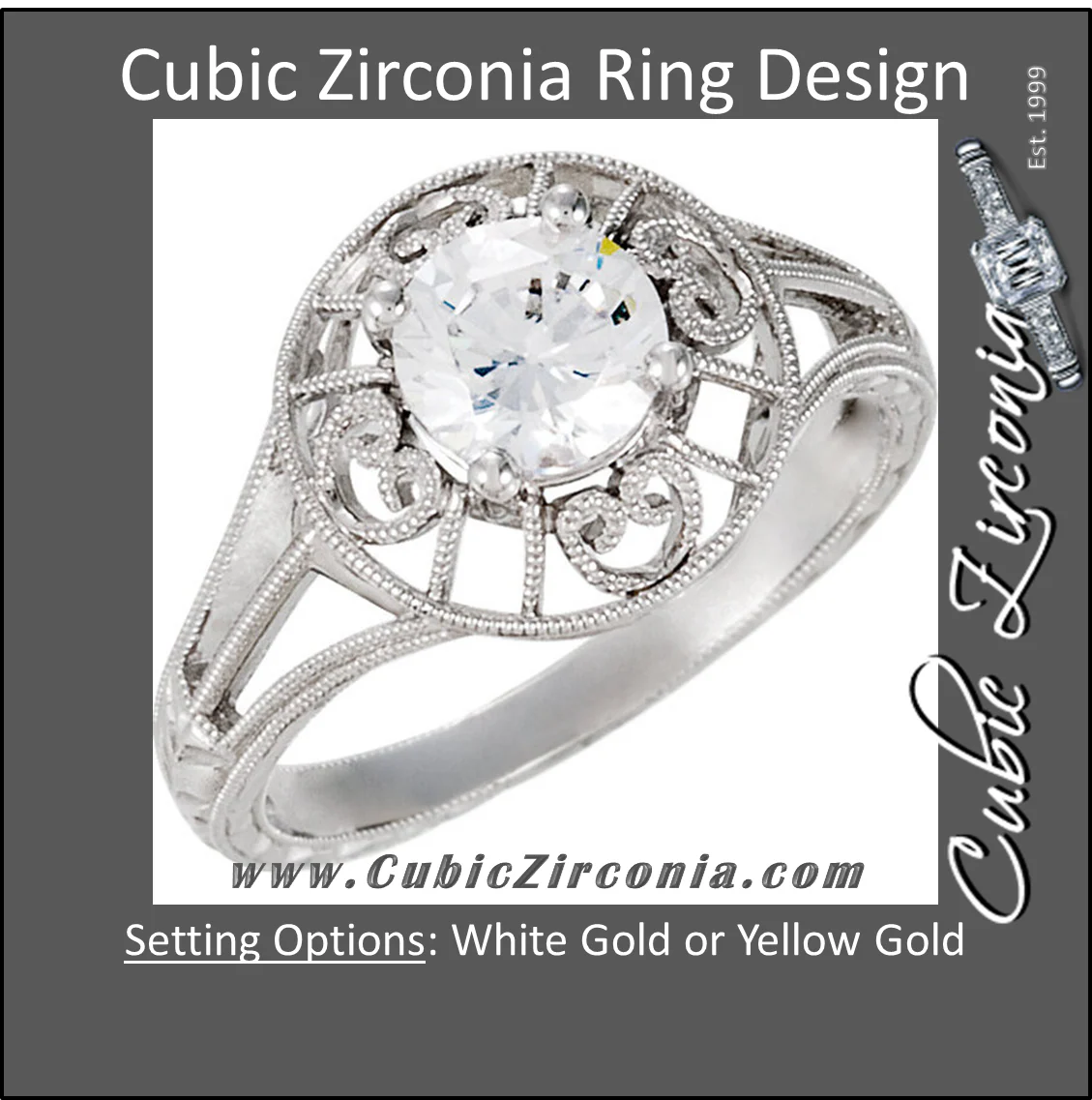 Cubic Zirconia Engagement Ring- The Anne (Round 1 Carat Solitaire with Heart-Engraved Band) - Image 2