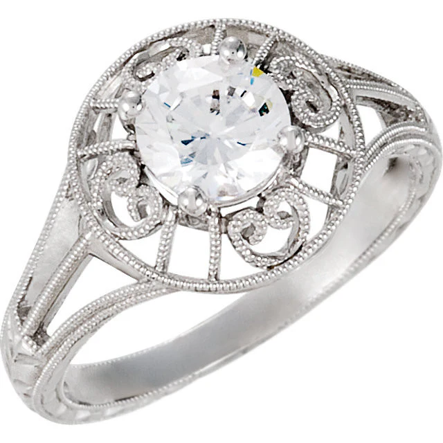 Cubic Zirconia Engagement Ring- The Anne (Round 1 Carat Solitaire with Heart-Engraved Band) - Image 3