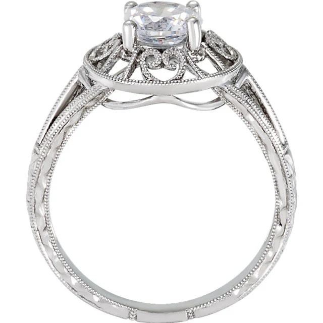 Cubic Zirconia Engagement Ring- The Anne (Round 1 Carat Solitaire with Heart-Engraved Band) - Image 4