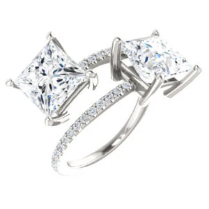 Cubic Zirconia Engagement Ring- The Anniston (Customizable 2-stone Princess Cut Design Enhanced by Artisan Split-Pavé Band) - Image 2