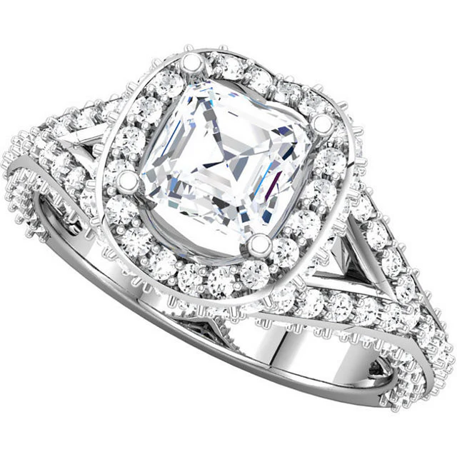 Cubic Zirconia Engagement Ring- The April (0.75 Asscher Cut Split-Band Halo-Style with Pave Band) - Image 3