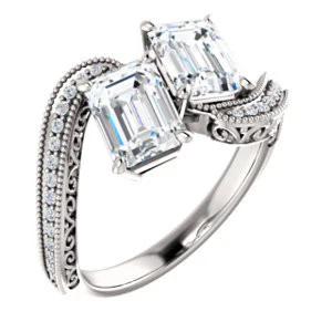 Cubic Zirconia Engagement Ring- The Aylen (Customizable Enhanced 2-stone Emerald Cut Artisan Design with 3-sided Filigree and Pavé Band) - Image 2