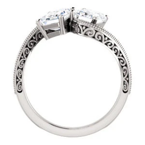Cubic Zirconia Engagement Ring- The Aylen (Customizable Enhanced 2-stone Emerald Cut Artisan Design with 3-sided Filigree and Pavé Band) - Image 3