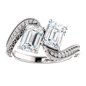 Cubic Zirconia Engagement Ring- The Aylen (Customizable Enhanced 2-stone Emerald Cut Artisan Design with 3-sided Filigree and Pavé Band) - Image 4