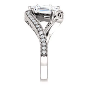 Cubic Zirconia Engagement Ring- The Aylen (Customizable Enhanced 2-stone Emerald Cut Artisan Design with 3-sided Filigree and Pavé Band) - Image 5