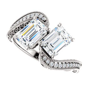 Cubic Zirconia Engagement Ring- The Aylen (Customizable Enhanced 2-stone Emerald Cut Artisan Design with 3-sided Filigree and Pavé Band) - Image 6