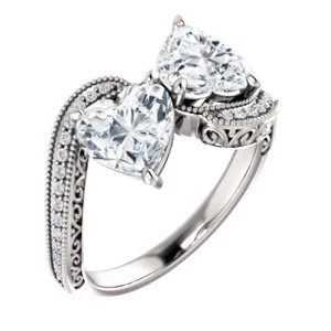 Cubic Zirconia Engagement Ring- The Aylen (Customizable Enhanced 2-stone Heart Cut Artisan Design with 3-sided Filigree and Pavé Band) - Image 2
