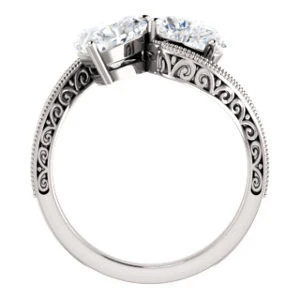 Cubic Zirconia Engagement Ring- The Aylen (Customizable Enhanced 2-stone Heart Cut Artisan Design with 3-sided Filigree and Pavé Band) - Image 3