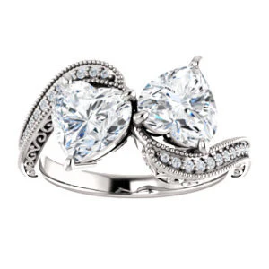 Cubic Zirconia Engagement Ring- The Aylen (Customizable Enhanced 2-stone Heart Cut Artisan Design with 3-sided Filigree and Pavé Band) - Image 4