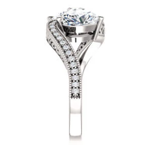 Cubic Zirconia Engagement Ring- The Aylen (Customizable Enhanced 2-stone Heart Cut Artisan Design with 3-sided Filigree and Pavé Band) - Image 5