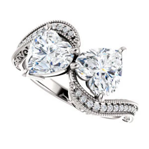 Cubic Zirconia Engagement Ring- The Aylen (Customizable Enhanced 2-stone Heart Cut Artisan Design with 3-sided Filigree and Pavé Band) - Image 6