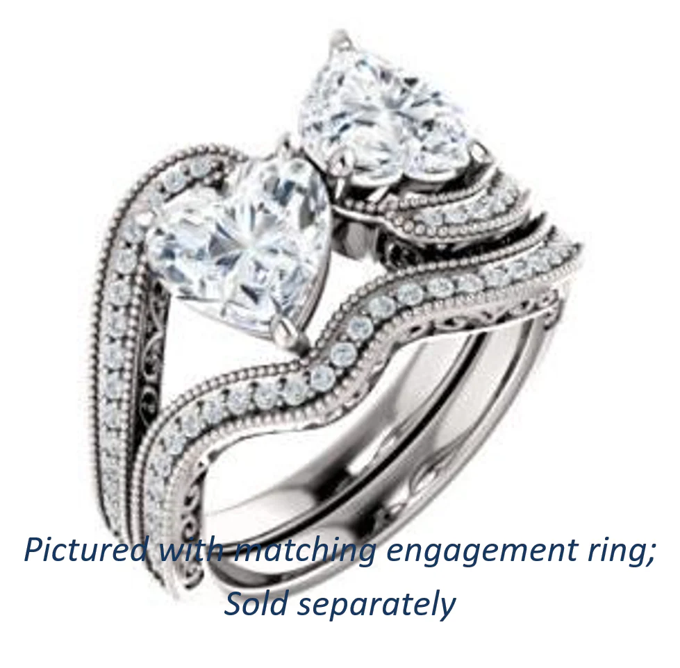 Cubic Zirconia Engagement Ring- The Aylen (Customizable Enhanced 2-stone Heart Cut Artisan Design with 3-sided Filigree and Pavé Band) - Image 7
