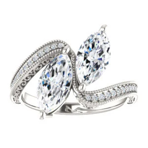 Cubic Zirconia Engagement Ring- The Aylen (Customizable Enhanced 2-stone Marquise Cut Artisan Design with 3-sided Filigree and Pavé Band) - Image 4