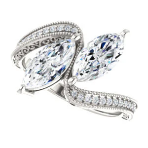 Cubic Zirconia Engagement Ring- The Aylen (Customizable Enhanced 2-stone Marquise Cut Artisan Design with 3-sided Filigree and Pavé Band) - Image 6