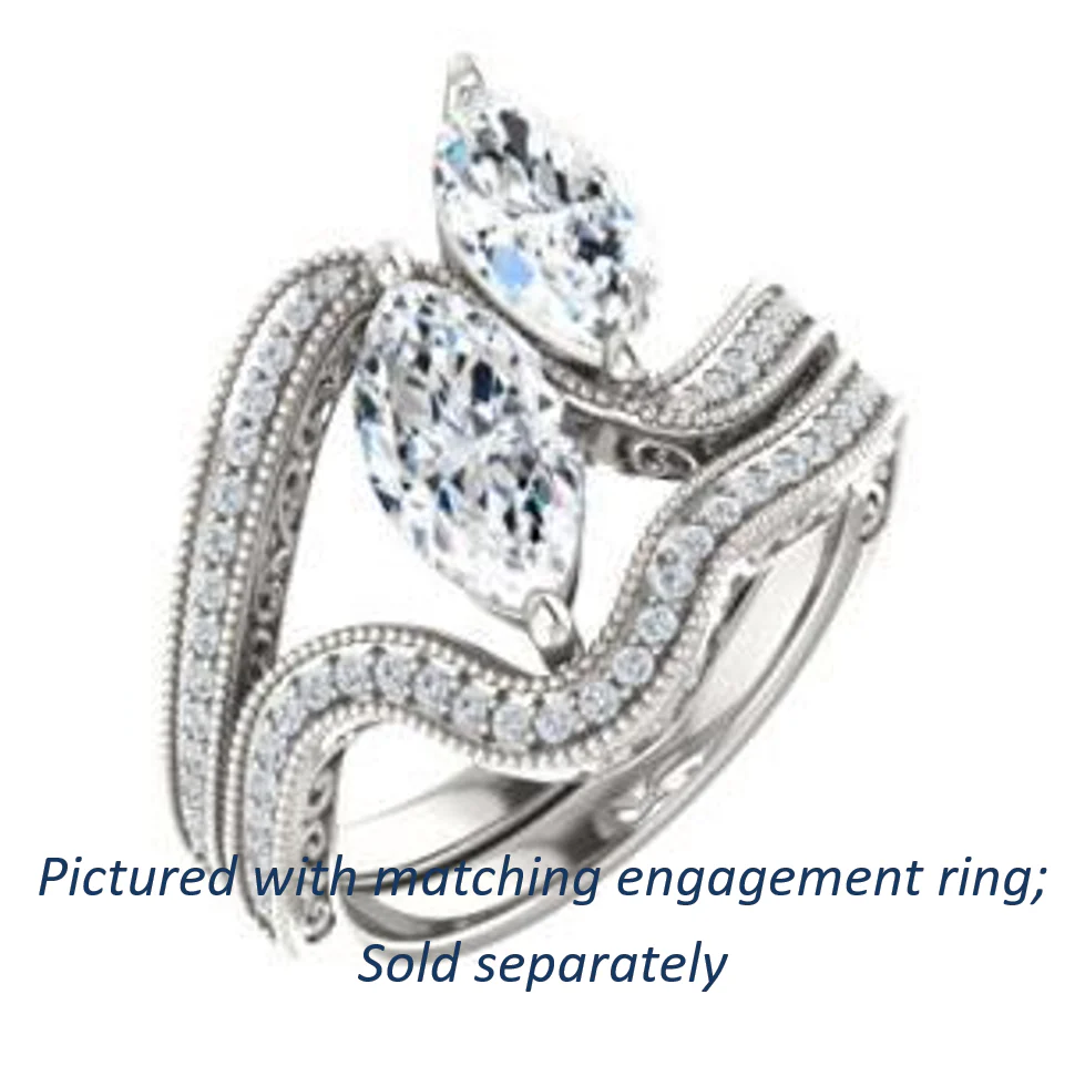 Cubic Zirconia Engagement Ring- The Aylen (Customizable Enhanced 2-stone Marquise Cut Artisan Design with 3-sided Filigree and Pavé Band) - Image 7