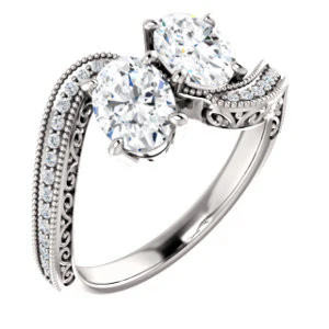 Cubic Zirconia Engagement Ring- The Aylen (Customizable Enhanced 2-stone Oval Cut Artisan Design with 3-sided Filigree and Pavé Band) - Image 2