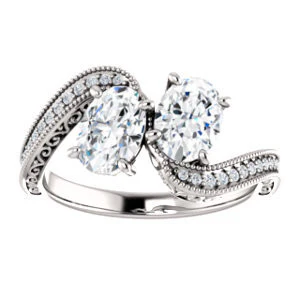 Cubic Zirconia Engagement Ring- The Aylen (Customizable Enhanced 2-stone Oval Cut Artisan Design with 3-sided Filigree and Pavé Band) - Image 4