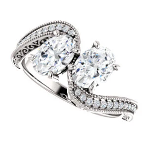 Cubic Zirconia Engagement Ring- The Aylen (Customizable Enhanced 2-stone Oval Cut Artisan Design with 3-sided Filigree and Pavé Band) - Image 6